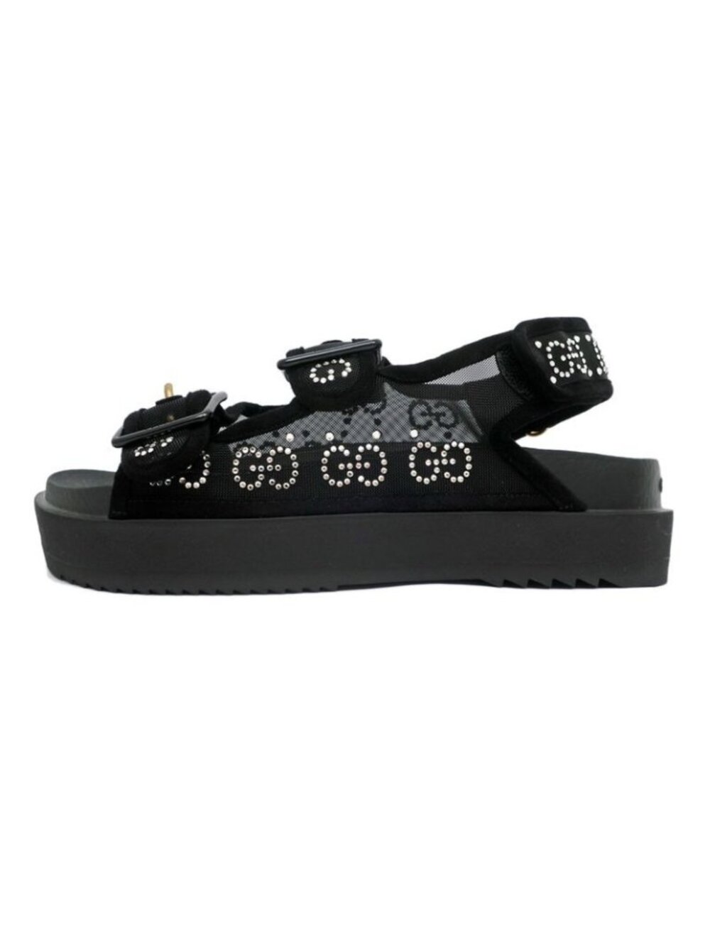 Gucci Sandals Crystal Belt Black GG Logo Mesh Size 36